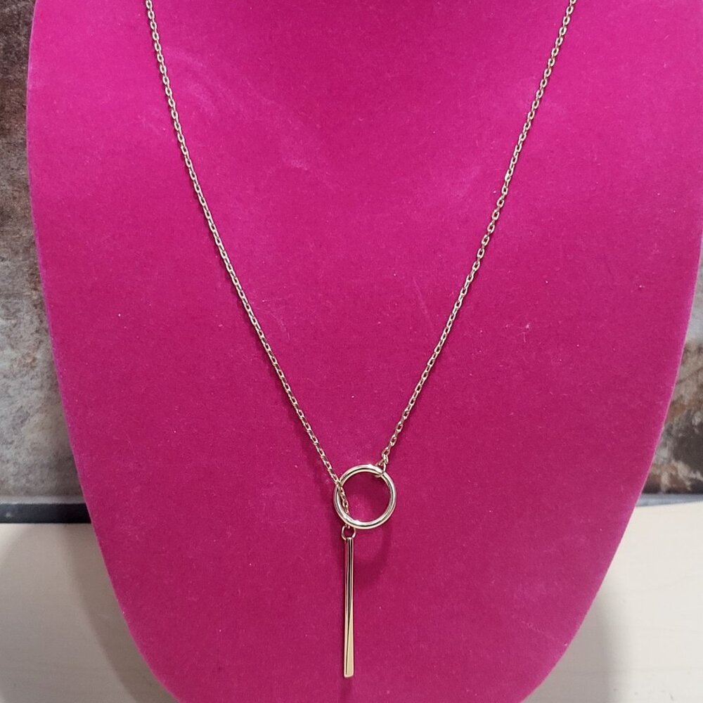 Gold Toned Chain Toggle Clasp Pendant Long Bar Circle Necklace